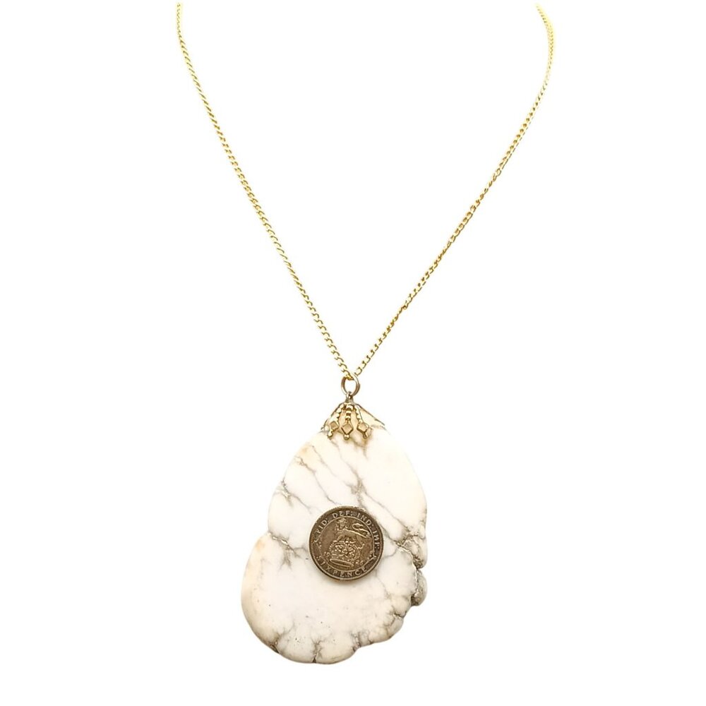 Vintage Howlite Stone Pendant Necklace with Coin & Gold Tone Choker Chain